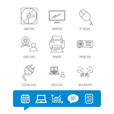 Monitör, yazıcı ve wi-fi yönlendirici simgeler.