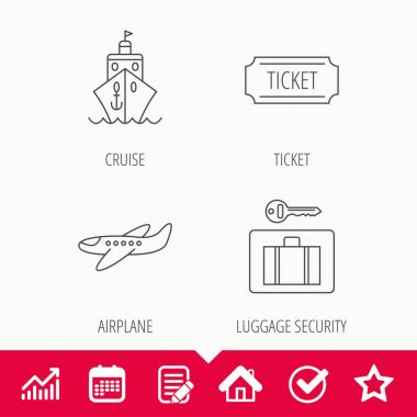 Bilet, cruise gemi ve uçak simgeleri.
