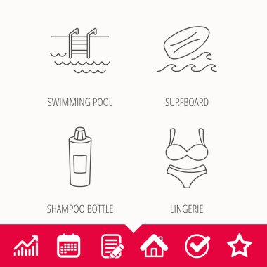 Sörf tahtası, Yüzme Havuzu ve iç çamaşırı simgeler.