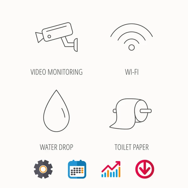 Wi-fi, videobewaking en water drop iconen. — Stockvector