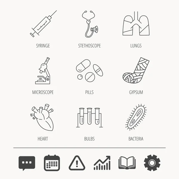 Broken foot, lungs and syringe icons. — Stock Vector