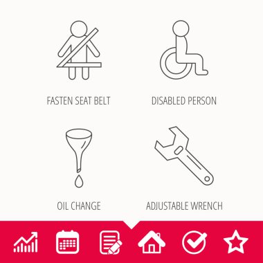 Emniyet kemeri, yağ değişimi ve İngiliz anahtarı simgeler aracı.