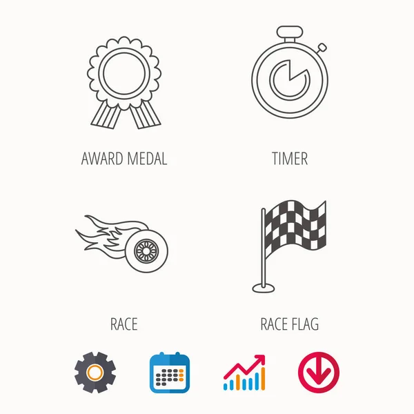 种族标志、 冠军奖牌和计时器图标. — 图库矢量图片