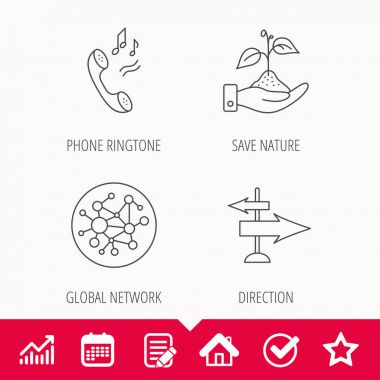 Telefon, genel ağ ve yön simgesi.