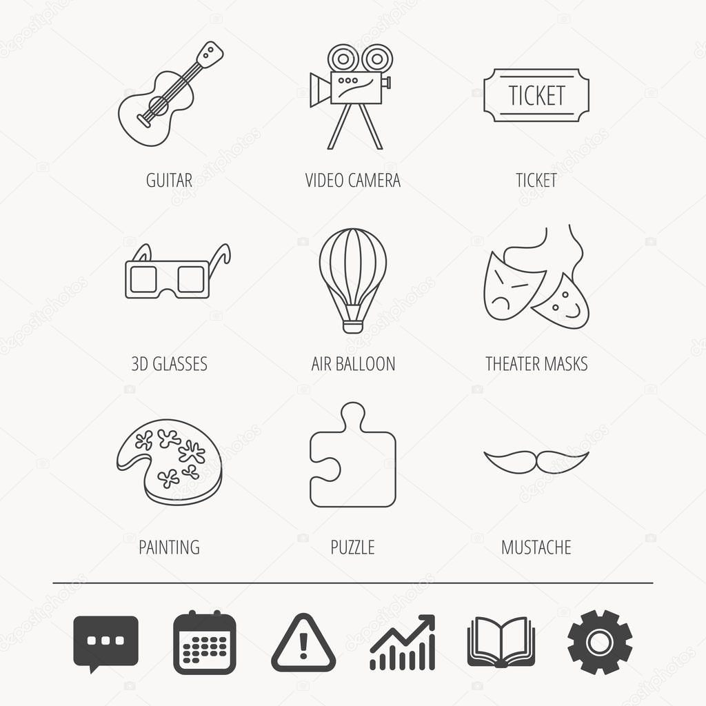 Puzzle, guitar music and theater masks icons. Ticket, video camera and 3d glasses linear signs. Entertainment, painting and mustache icons. Education book, Graph chart and Chat signs. Vector
