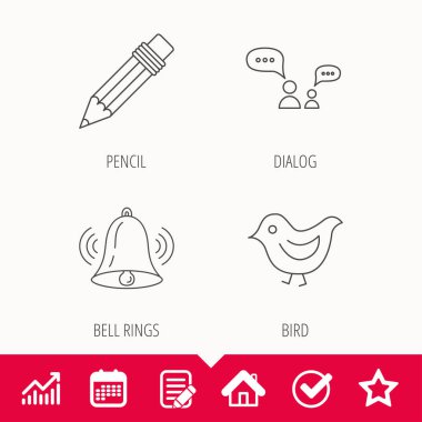 Diyalog, kalem ve kuş simgeler.