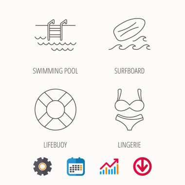 Sörf tahtası, Yüzme Havuzu ve bikini simgeler.