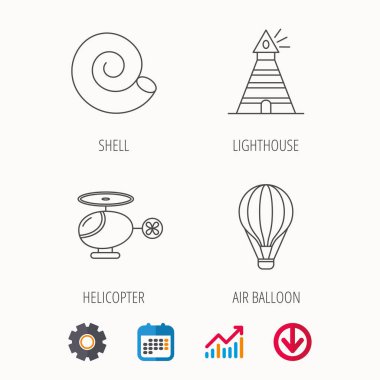 Deniz feneri, hava balon ve helikopter simgeleri.