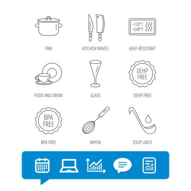 Mutfak bıçakları, cam ve pan simgeleri.