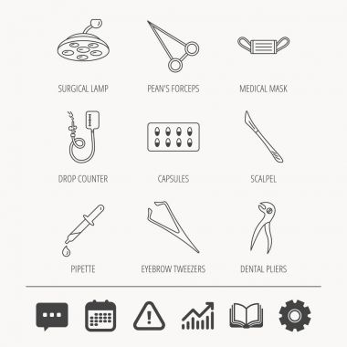 Tıbbi maske, kapsül ve diş pense simgeler.