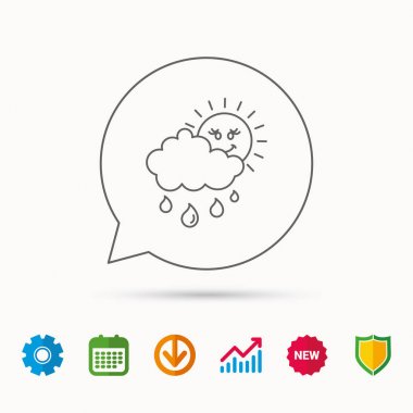 Yağmur ve güneş simgesi. Bulut işareti ile su damlaları.