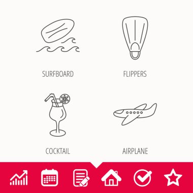 Sörf tahtası, dalgalar ve kokteyl simgeler.