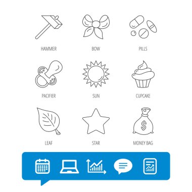 Para çantası, yıldız ve yay simgeleri. Yaprak, emzik.