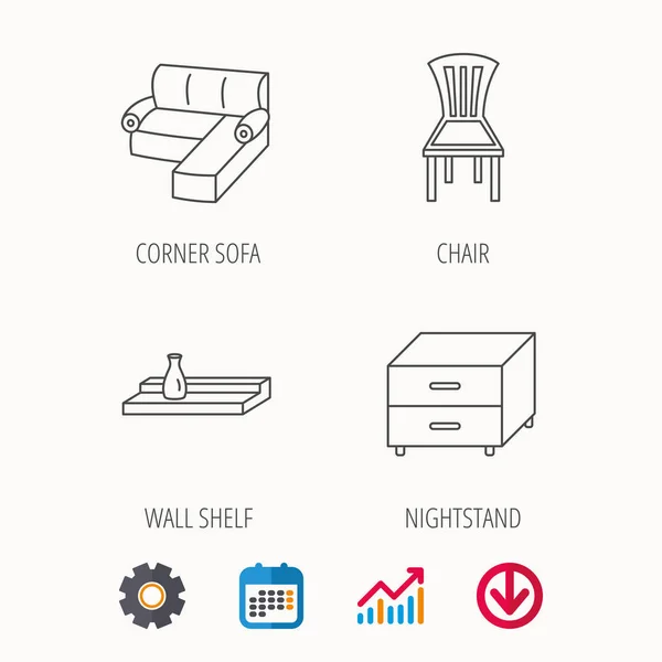 Hörn soffa, nattduksbord och stol ikoner. — Stock vektor