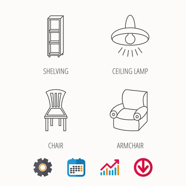 Ícones de cadeira, lâmpada de teto e poltrona . —  Vetores de Stock