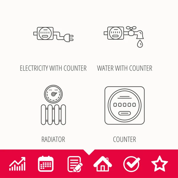 Iconos de contador de electricidad, radiador y agua . — Vector de stock