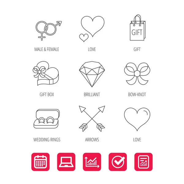 Coeur d'amour, boîte cadeau et alliances icônes . — Image vectorielle