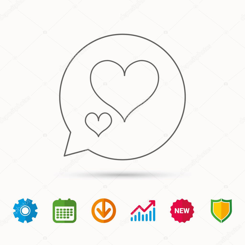 Love hearts icon. Lovers sign. Couple relationships. Calendar, Graph chart and Cogwheel signs. Download and Shield web icons. Vector