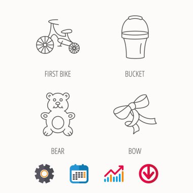 İlk bisiklet, kova ve ayı oyuncak simgeler.