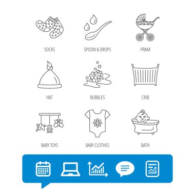 Bebek giysileri, banyo ve şapka simgeler. Çocuk arabası taşıma.