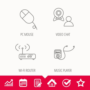 Kablosuz yönlendirici, görüntülü sohbet ve müzik oyuncu simgeleri.