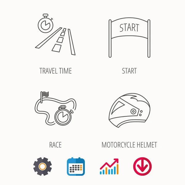 Casco de moto, temporizador de carrera y tiempo de viaje . — Vector de stock