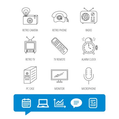 Retro kamera, radyo ve telefon simgeleri.