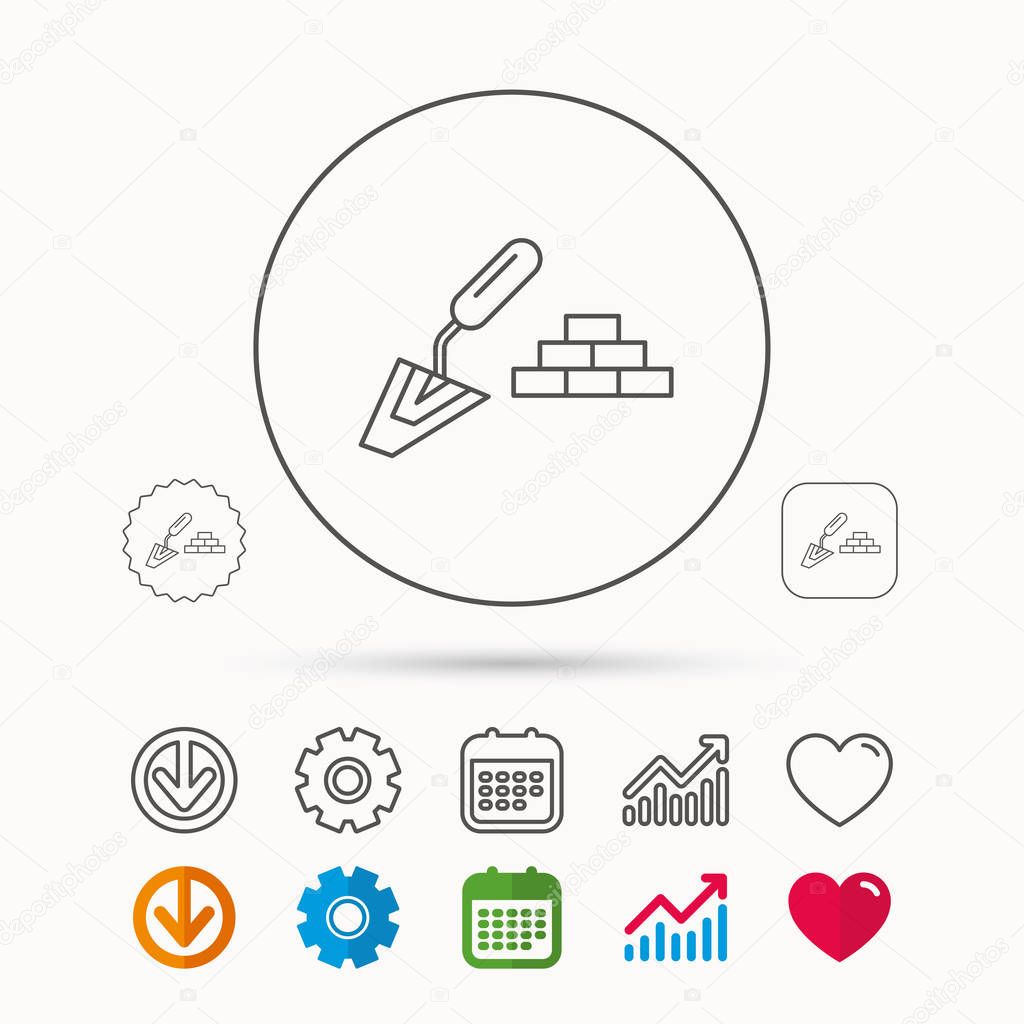 Finishing icon. Spatula with bricks sign. Calendar, Graph chart and Cogwheel signs. Download and Heart love linear web icons. Vector