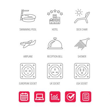 Otel, havuz ve plaj şezlong simgeler.