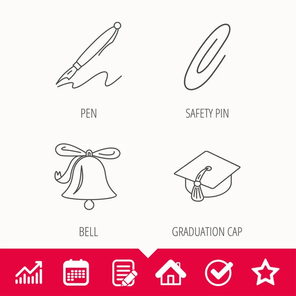 Graduation cap, pen and bell icons. — Stock Vector