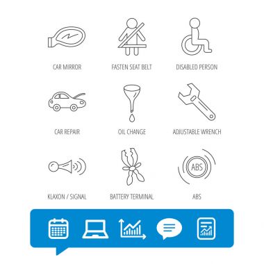 Araba ayna tamir, yağ değişim ve anahtarı simgeler.