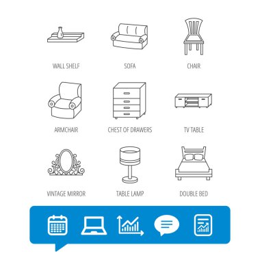 Çift Kişilik Yatak, Masa lambası ve koltuk simgeler.