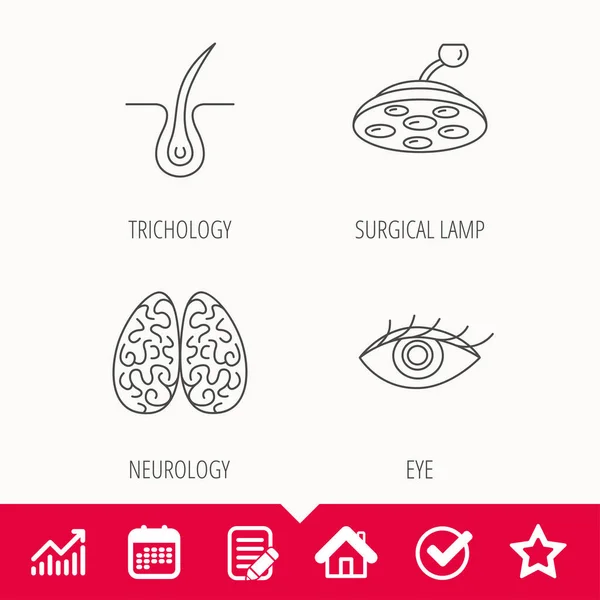 Iconos de ojo, neurología cerebral y lámpara quirúrgica . — Vector de stock