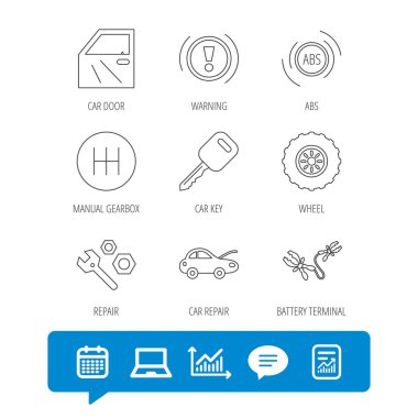 Araba anahtarı, onarım araçları ve manuel şanzıman simgeler.
