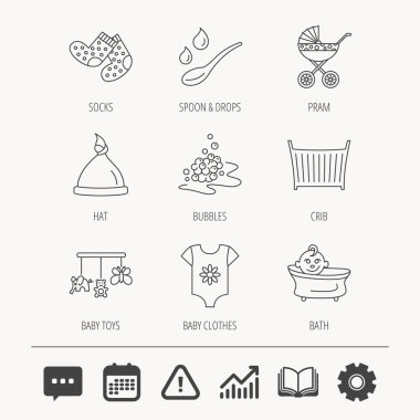Bebek giysileri, banyo ve şapka simgeler. Çocuk arabası taşıma.
