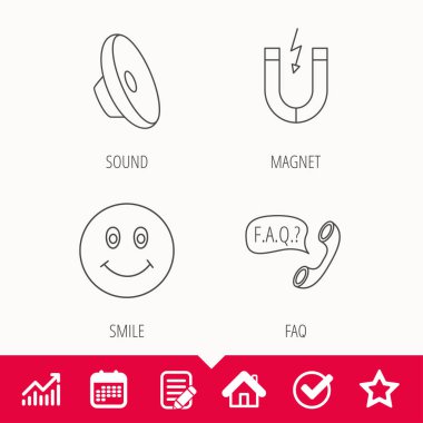 Mıknatıs, yüz ve SSS konuşma balonu simgeler gülümseyen.