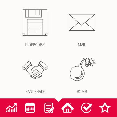 Posta, bomba ve el sıkışma simgeleri.