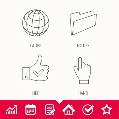 Klasör, basın el ve dünya küre simgeleri.