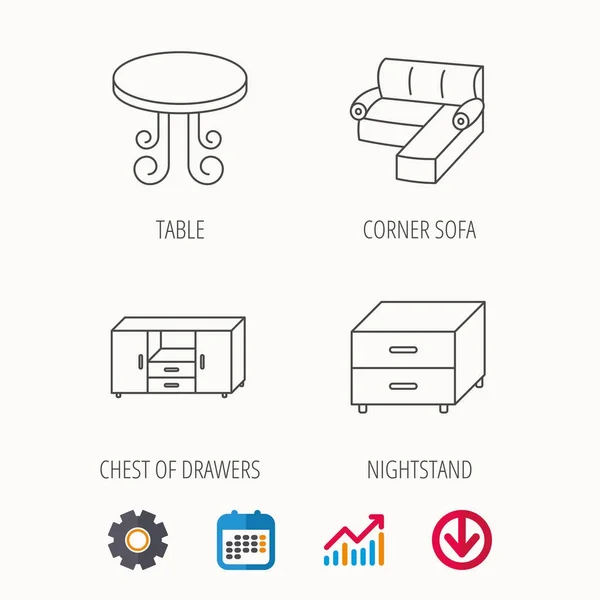 Hörn soffa, bord och nattduksbord ikoner. — Stock vektor