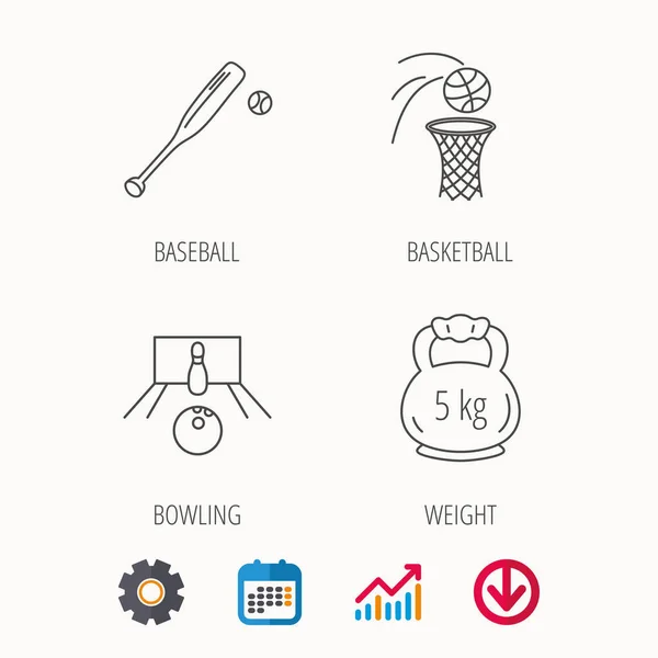 Iconos de béisbol, bolos y baloncesto . — Vector de stock