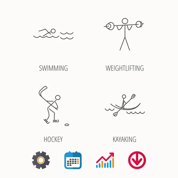 Iconos de natación, hockey y kayak . — Vector de stock