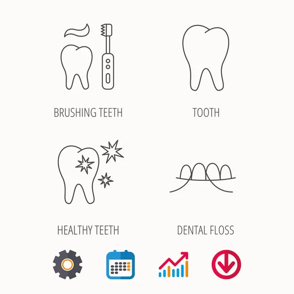 Diş ipi, diş ve sağlıklı dişler simgeler. — Stok Vektör