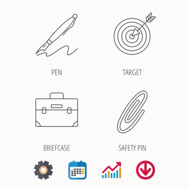 Evrak çantası, çengelli iğne ve hedef simgeler.
