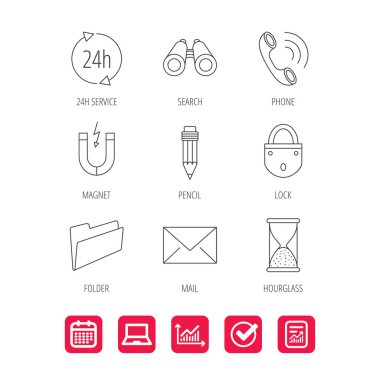 Telefon görüşmesi, kalem ve posta simgeleri.