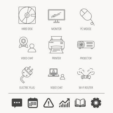 Monitör, yazıcı ve wi-fi yönlendirici simgeler.