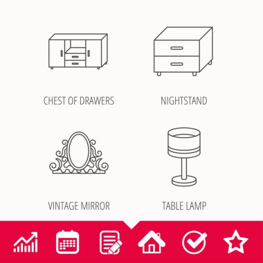 Vintage ayna, Masa lambası ve komidin simgeleri.