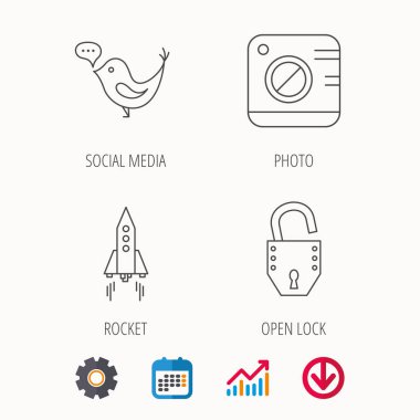 Fotoğraf, sosyal medya ve roket simgeler.