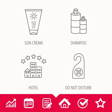 Simgeler otel, şampuan ve güneş kremi.