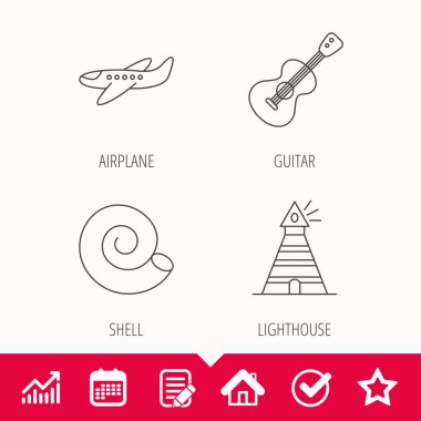 Gitar, uçak ve deniz feneri simgeleri.