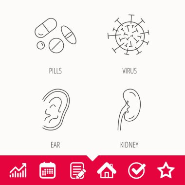Tıbbi hapları, virüs ve kulak simgeleri.